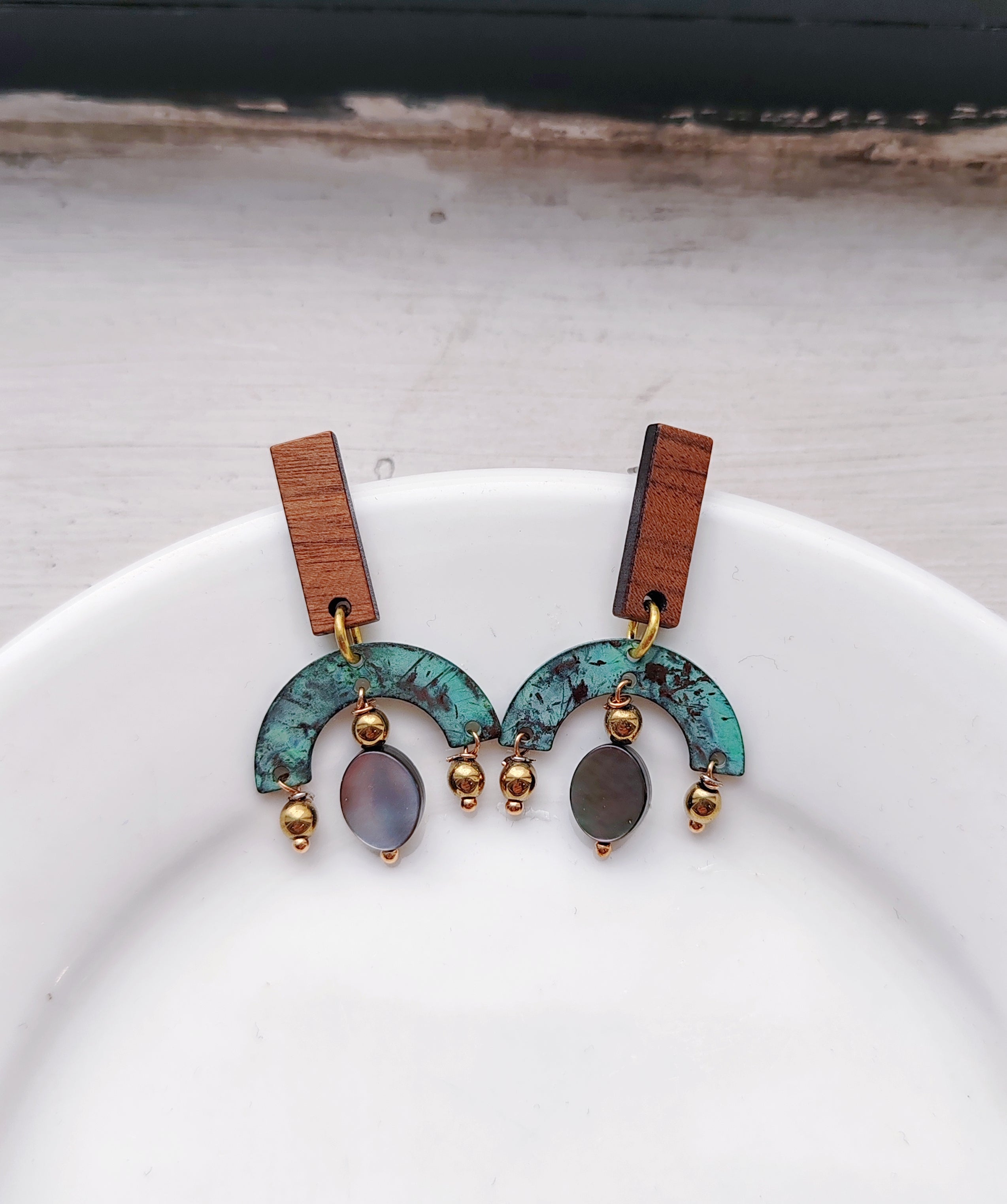 Blue Flame earrings collection, with wood and shell