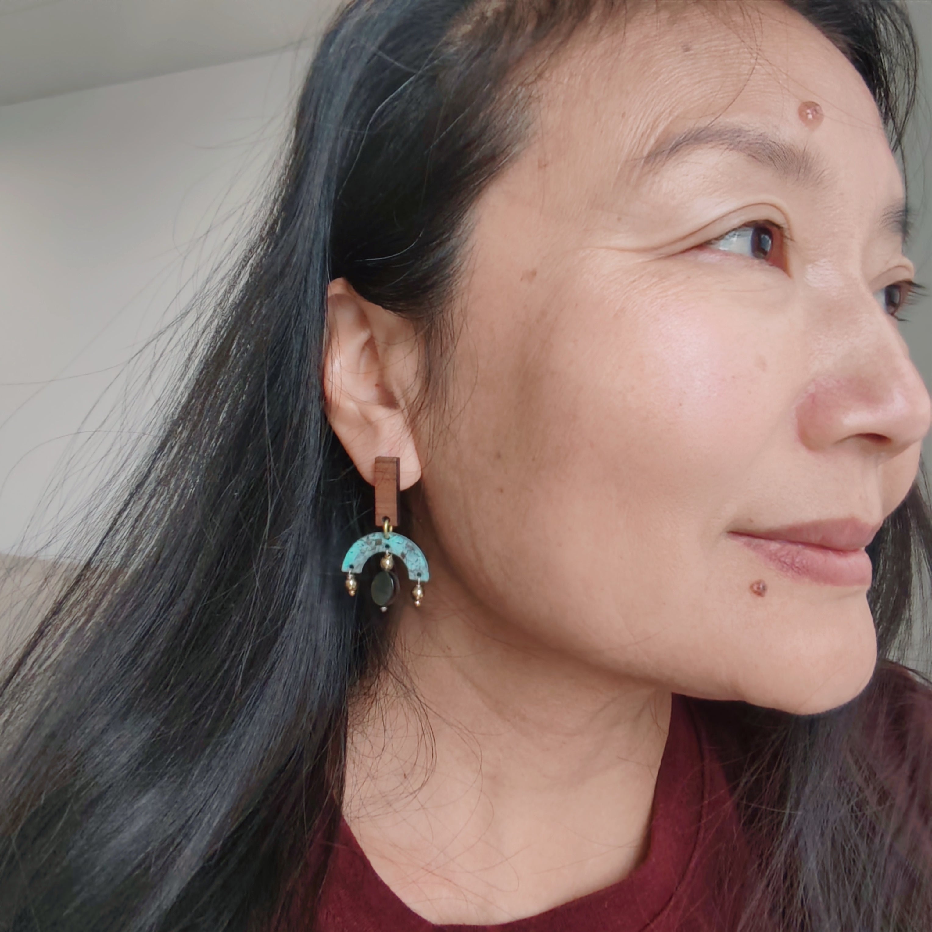 Blue Flame earrings collection, with wood and shell