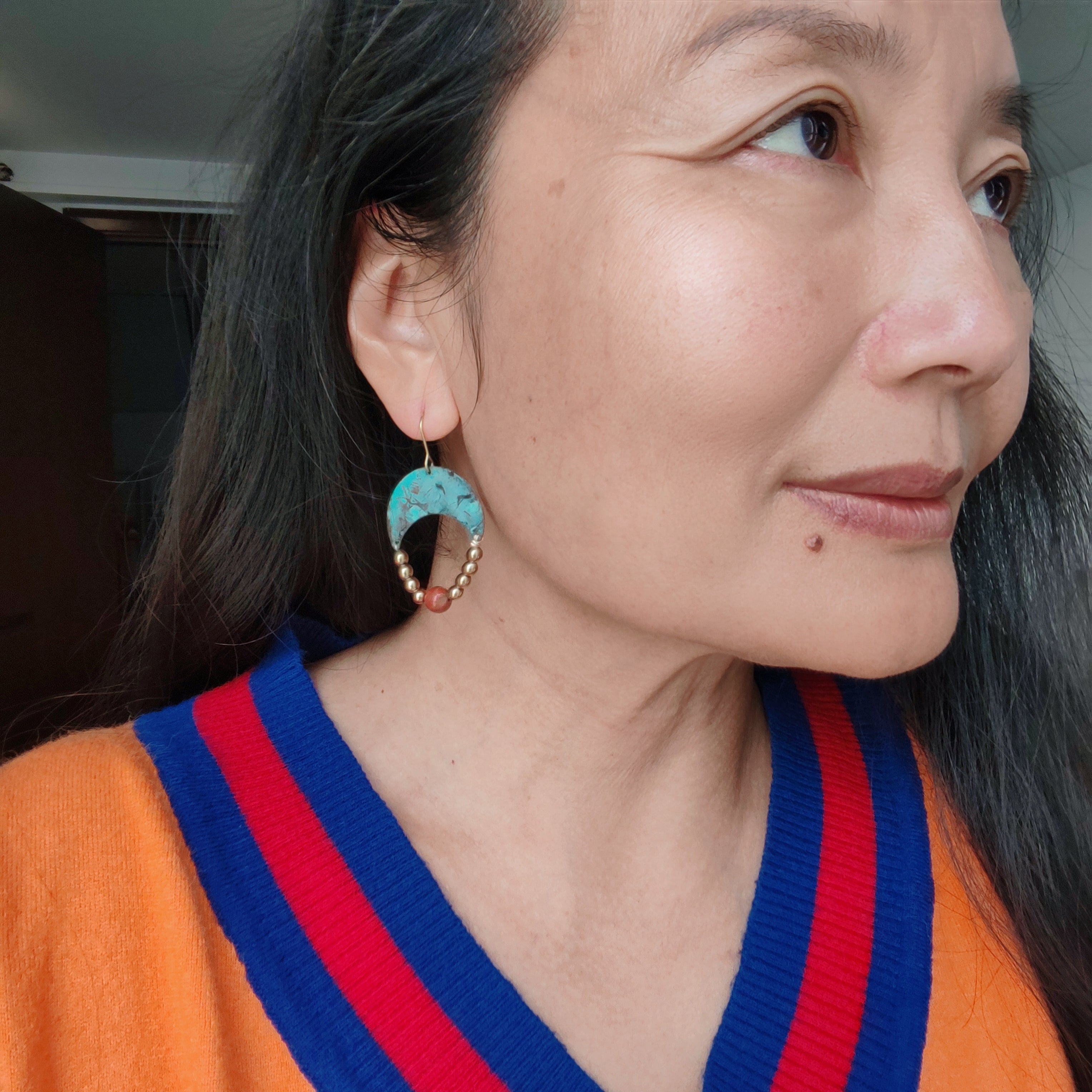 Blue flame earrings collection, with red agate, triangle
