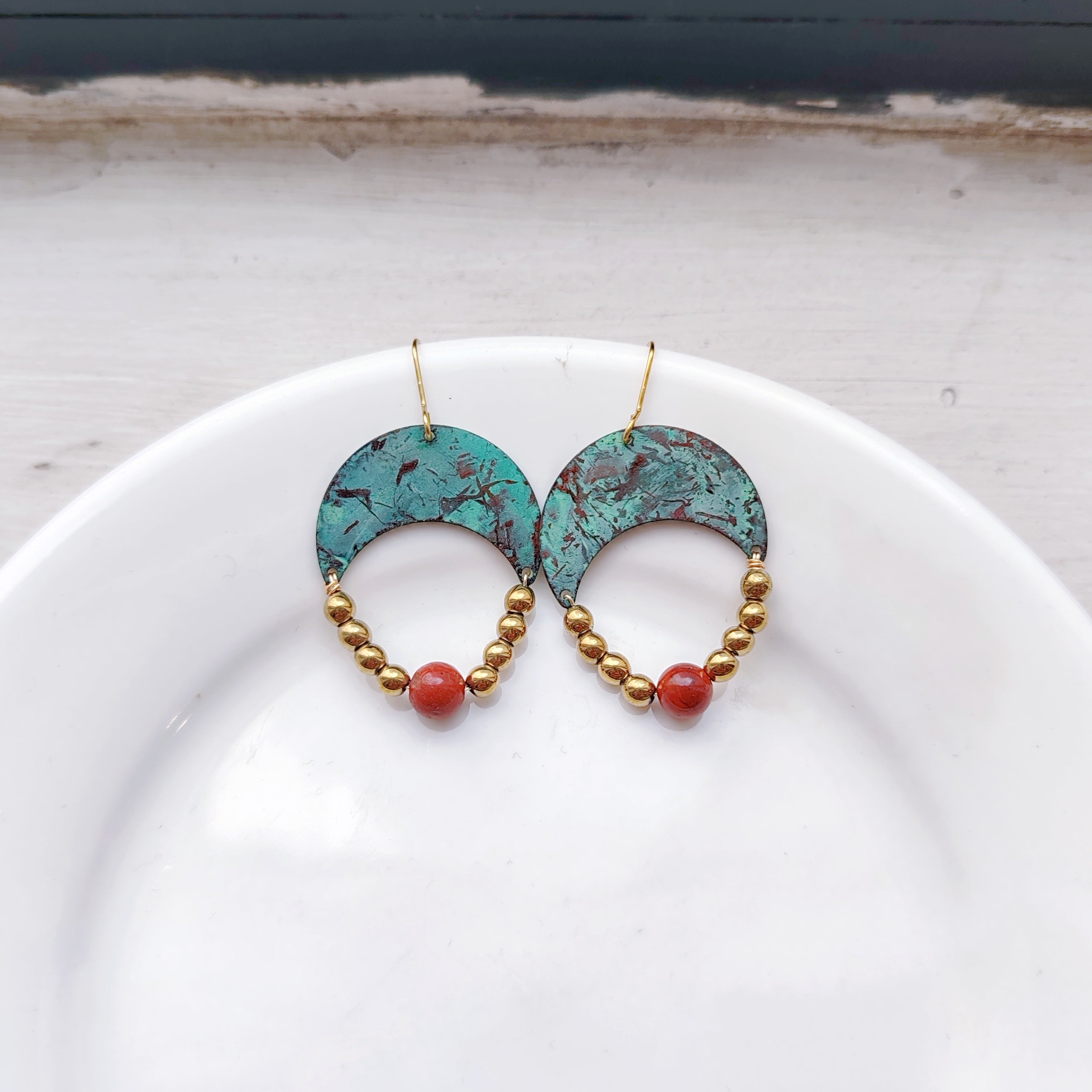 Blue flame earrings collection, with red agate, triangle