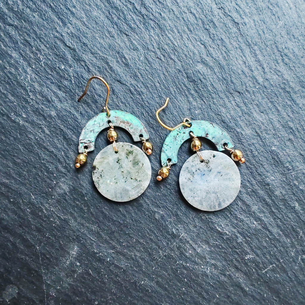 Blue Flame earrings collection, with labrorite stone, round shape