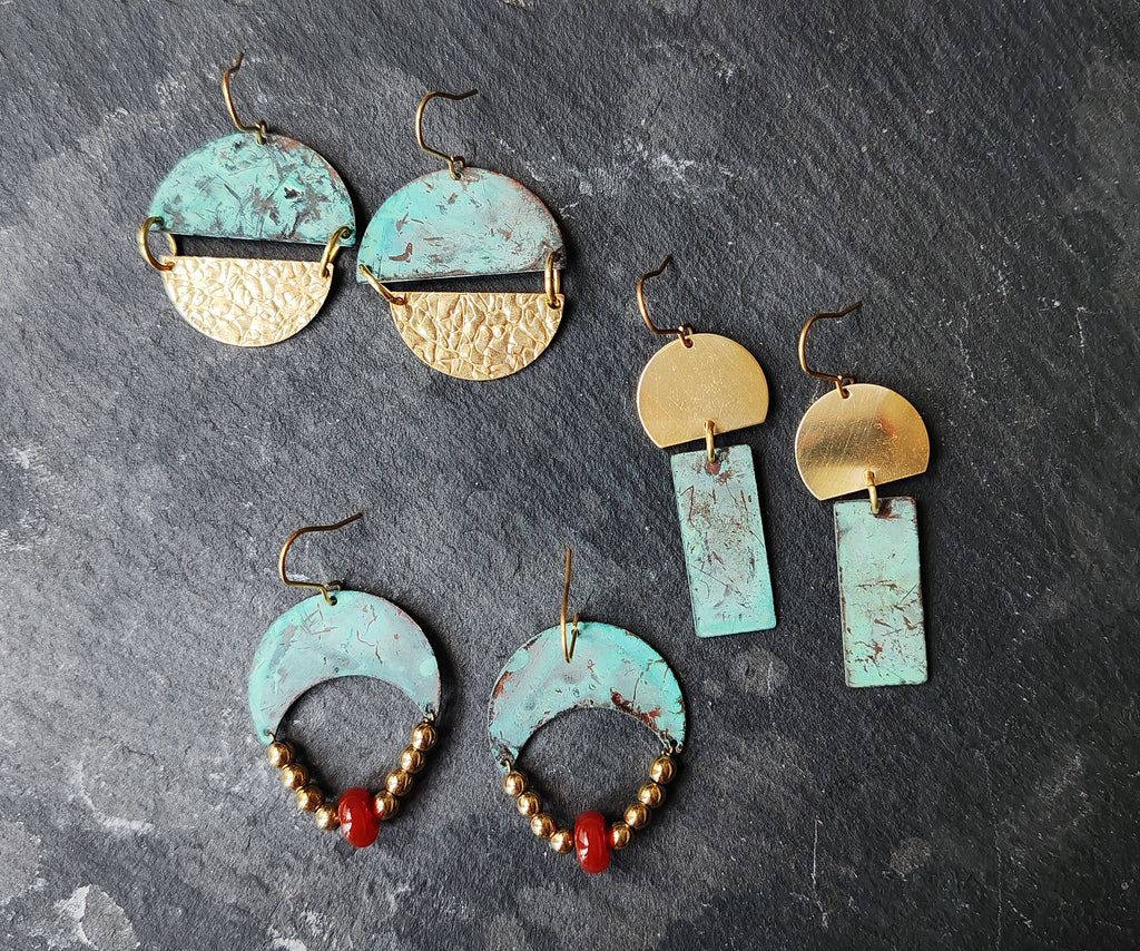 Blue flame earrings collection, with red agate, triangle