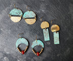 Blue flame earrings collection, with red agate, triangle