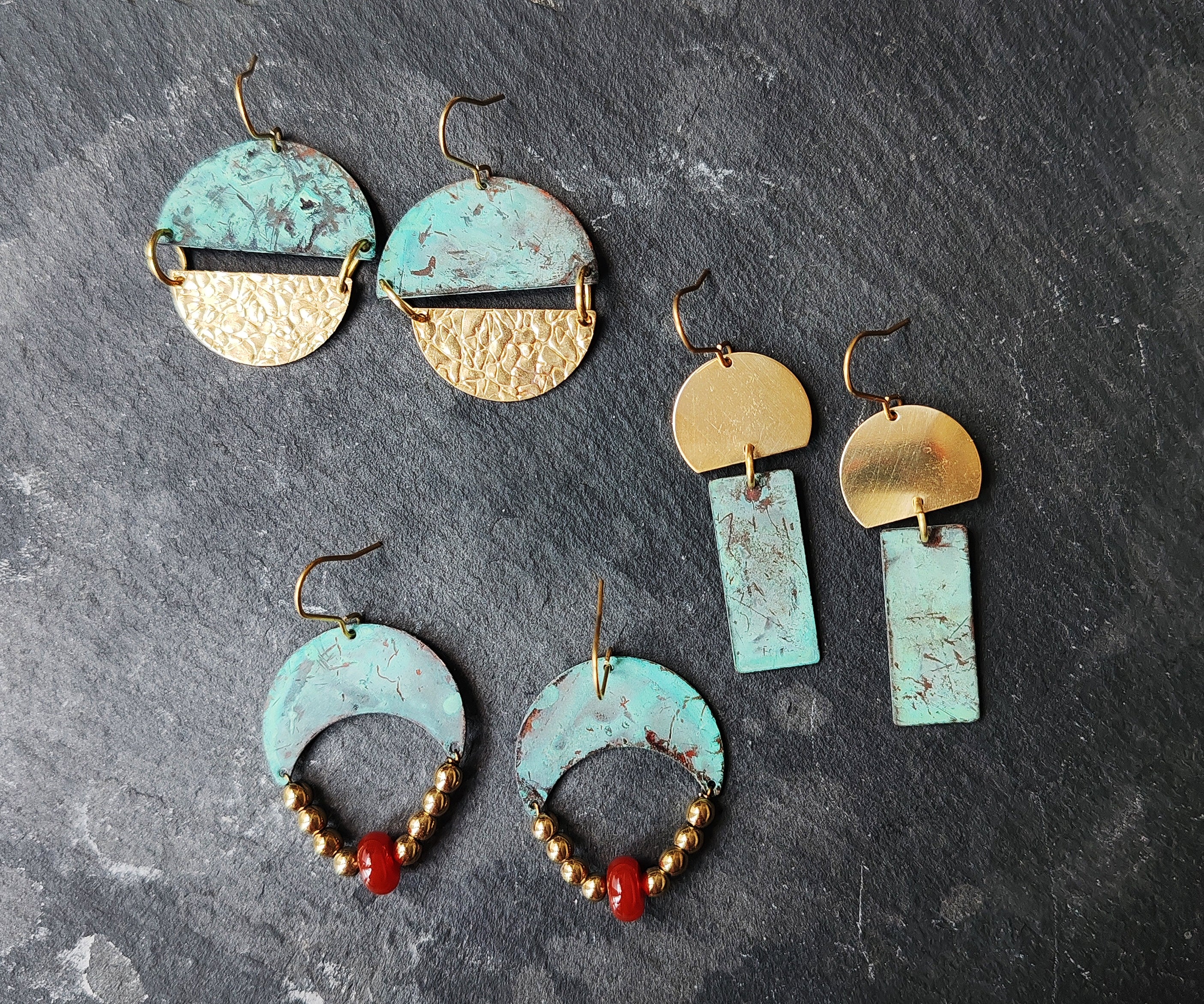 Blue flame earrings collection, with red agate, triangle