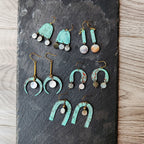 blue flame earrings collection, with shell, two drops of moon
