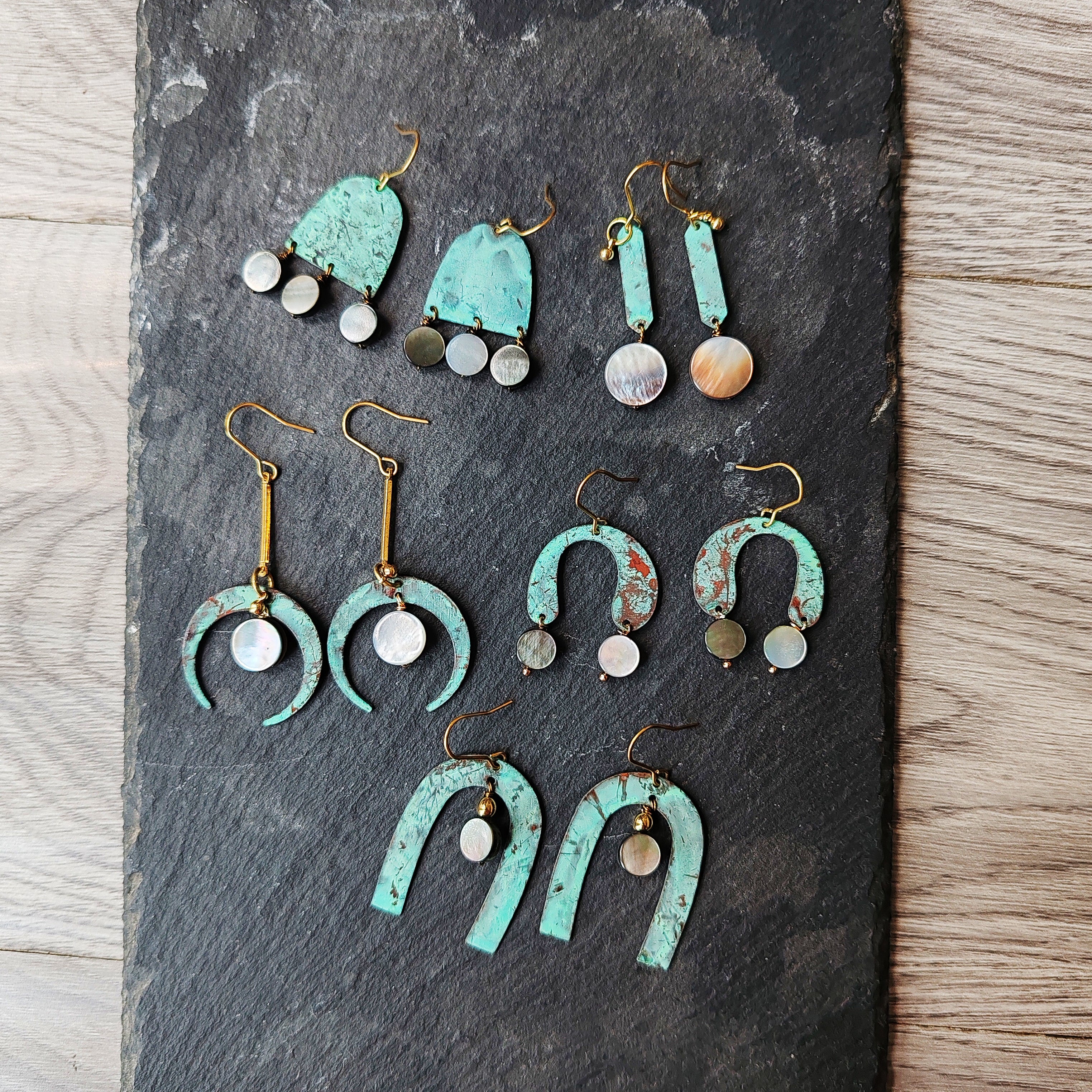 blue flame earrings collection, with shell, two drops of moon