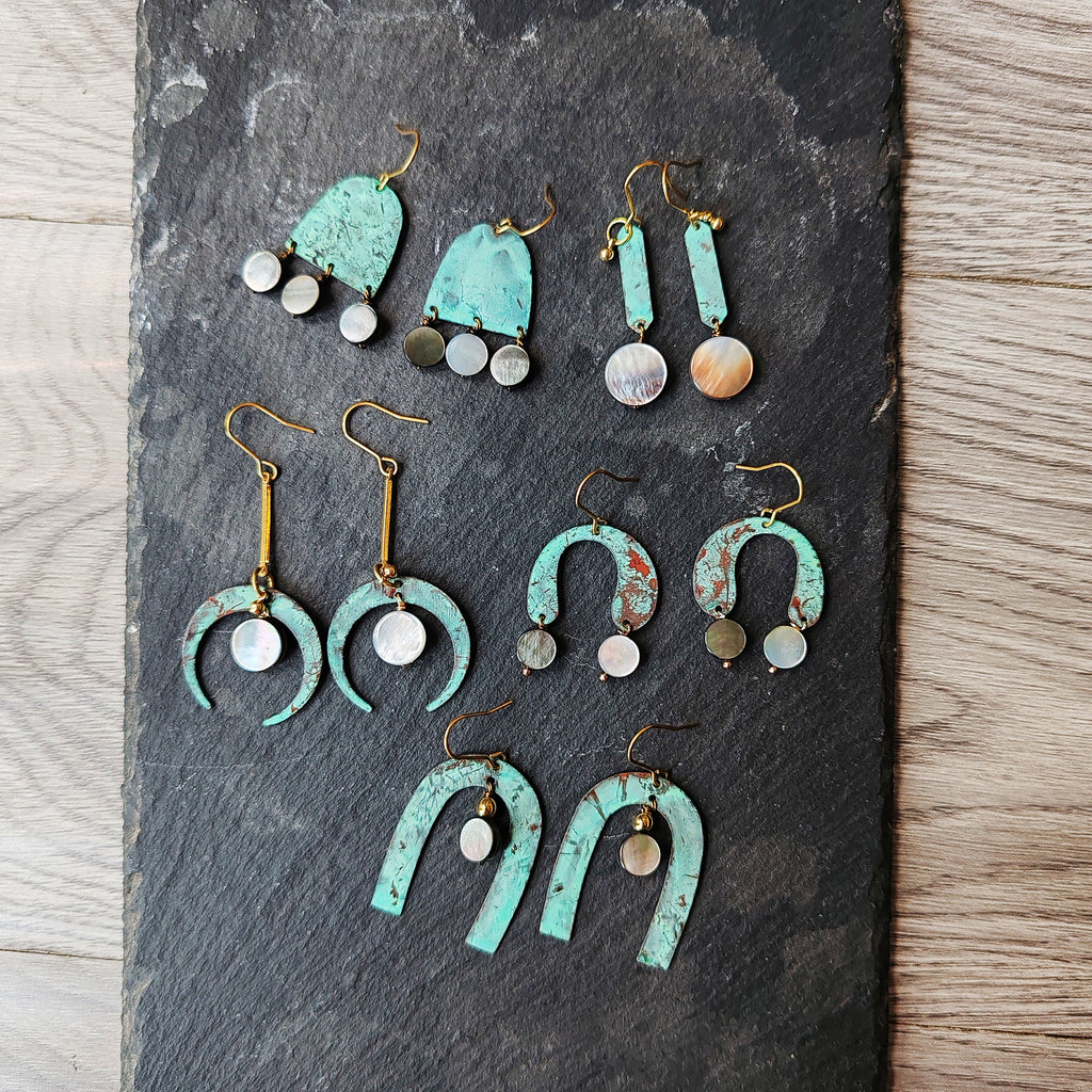 Blue Flame earring collection, with shell, moon gate