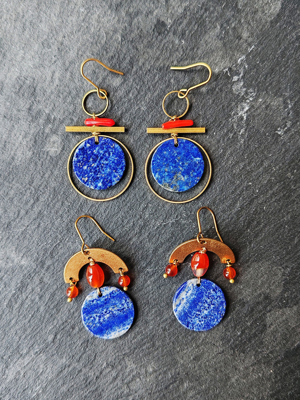 Brass and stone earrings, with lapis lazuli and red agate.