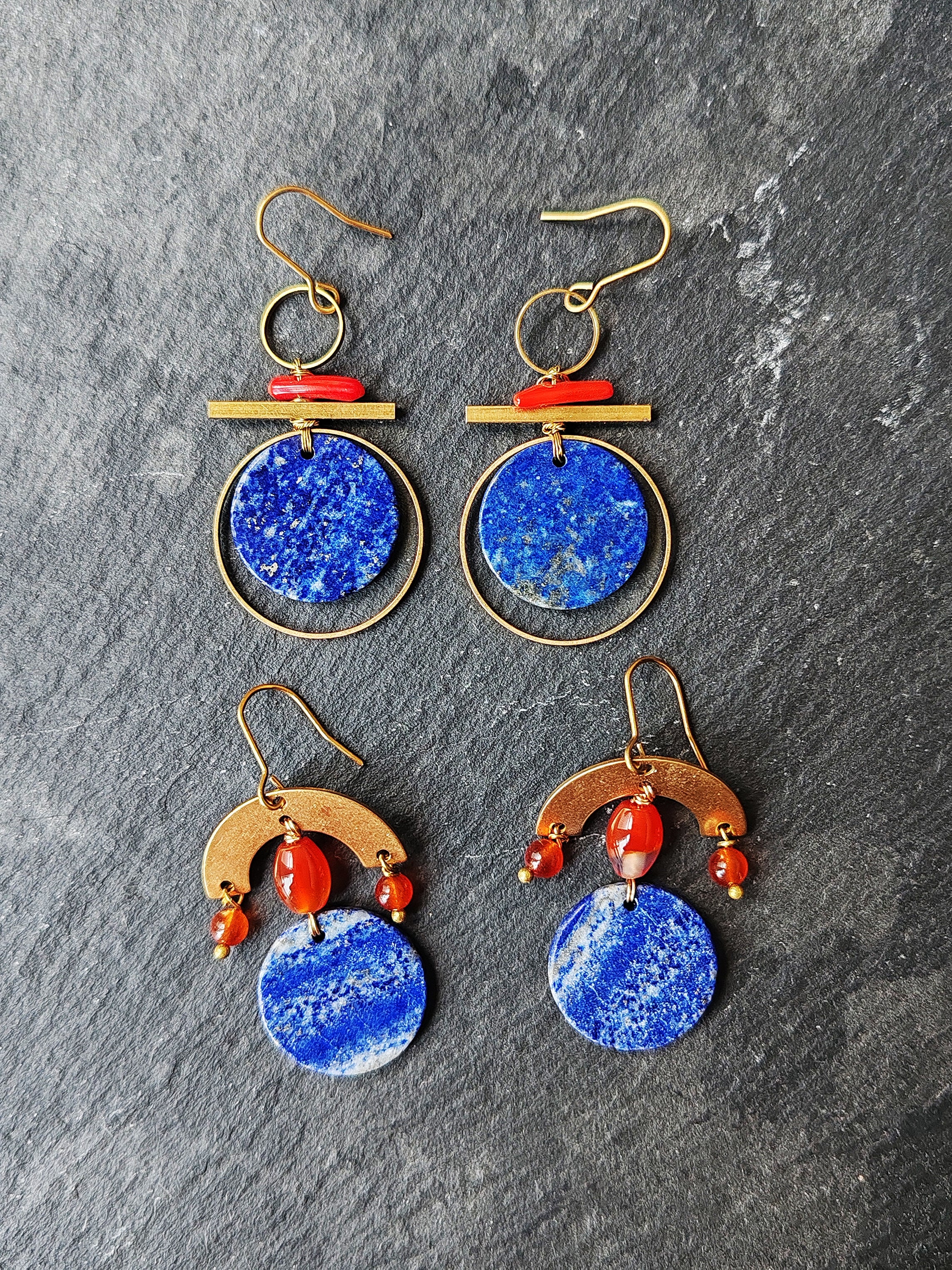 Brass and stone earrings, with lapis lazuli and red agate.
