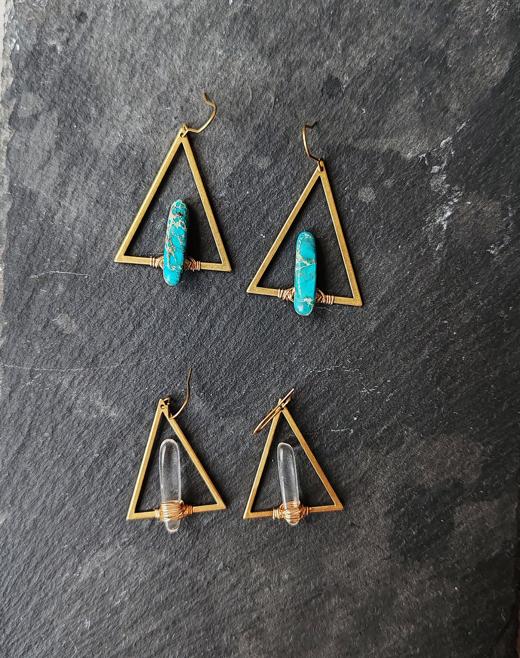 Triangle with stones earrings, turquois/white quartz, brass and stones earrings