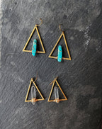 Triangle with stones earrings, turquois/white quartz, brass and stones earrings
