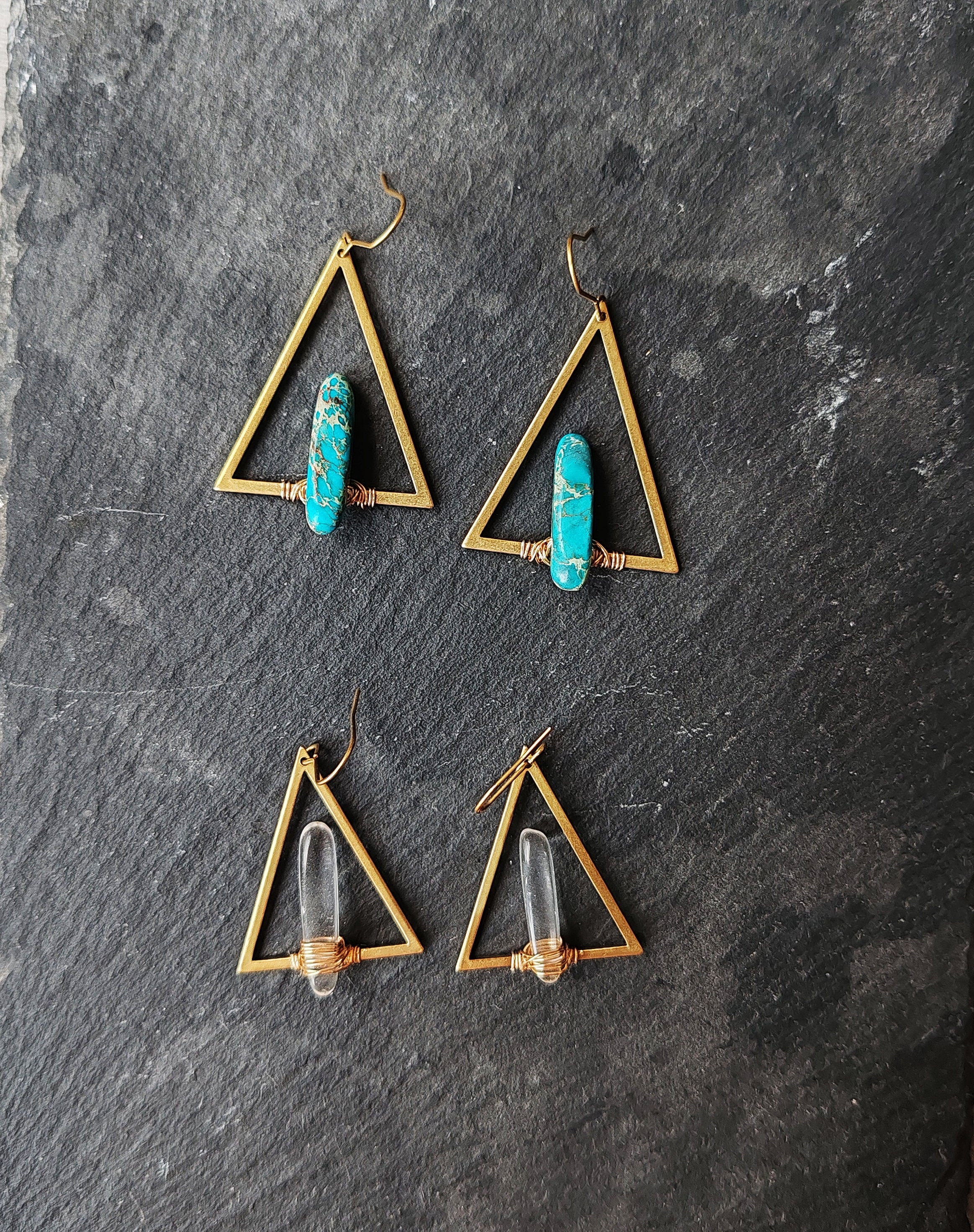 Triangle with stones earrings, turquois/white quartz, brass and stones earrings