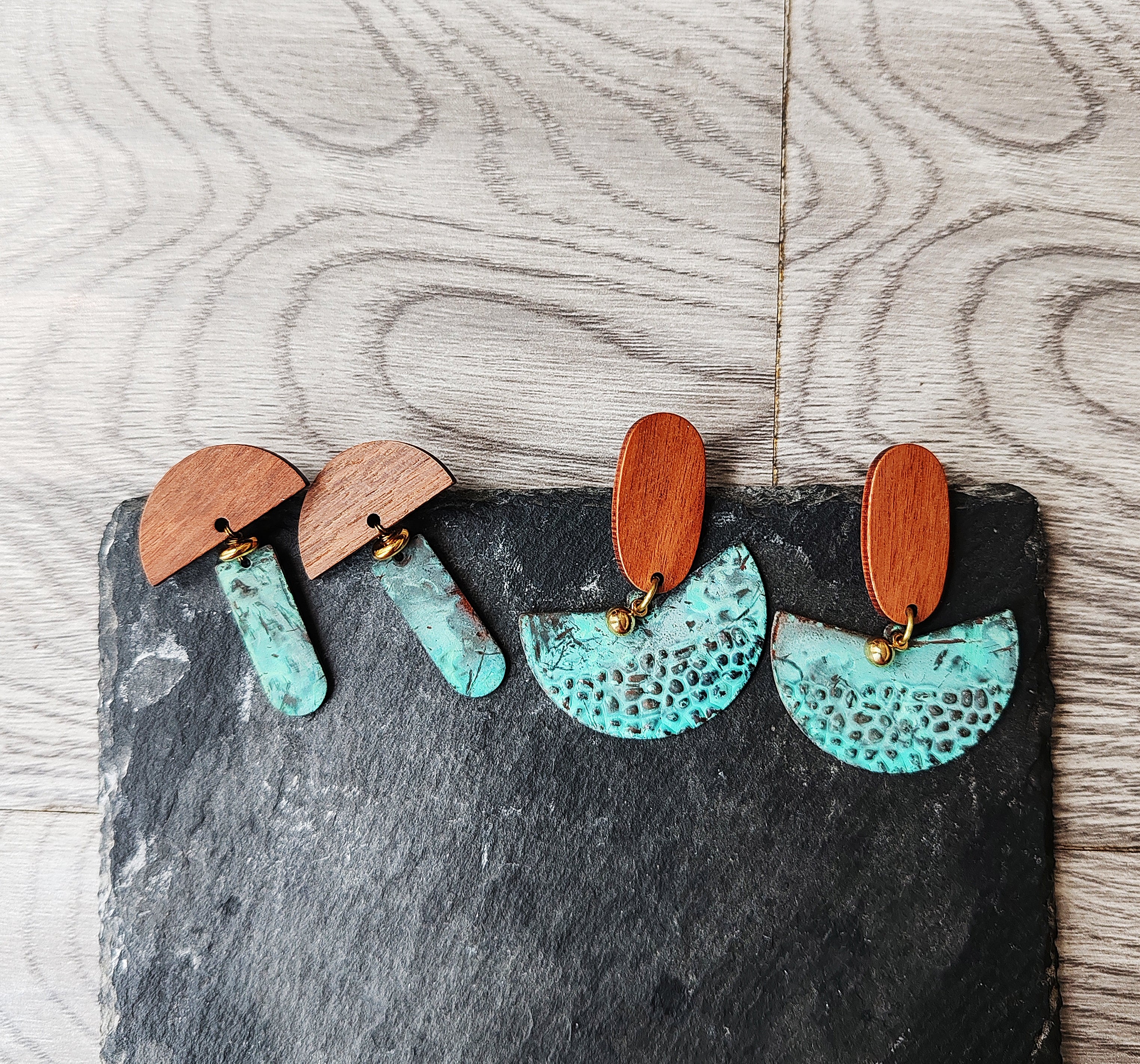 Blue Flame earrings collection, with wood, batch 2