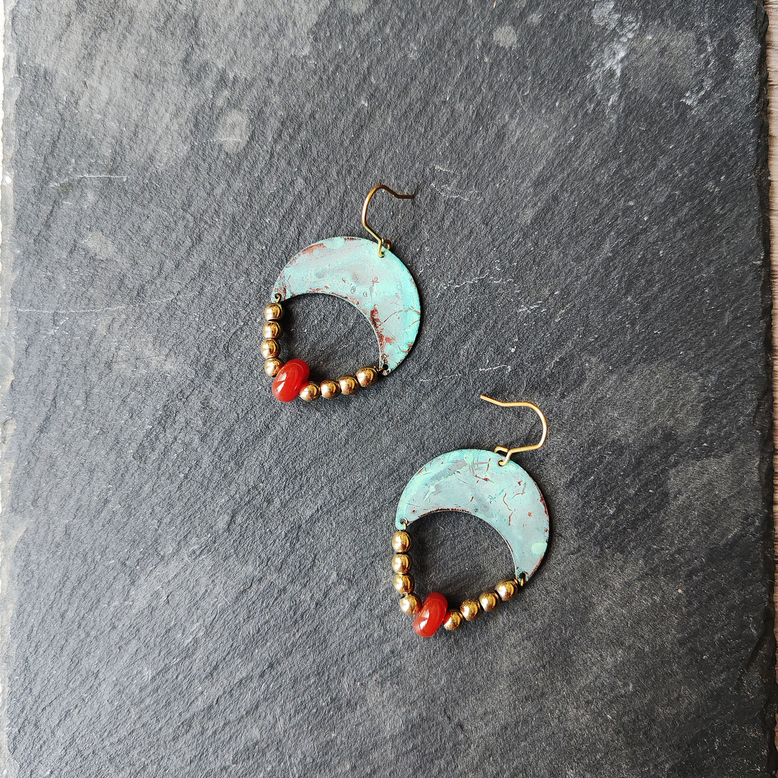 Blue flame earrings collection, with red agate, triangle