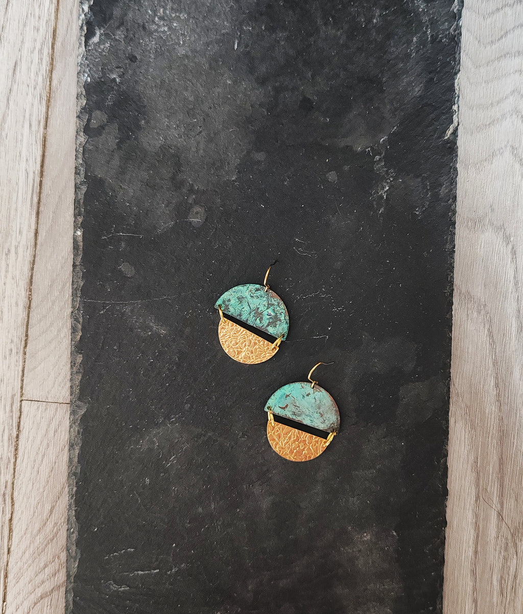 Blue Flame earrings collection, with yellow brass