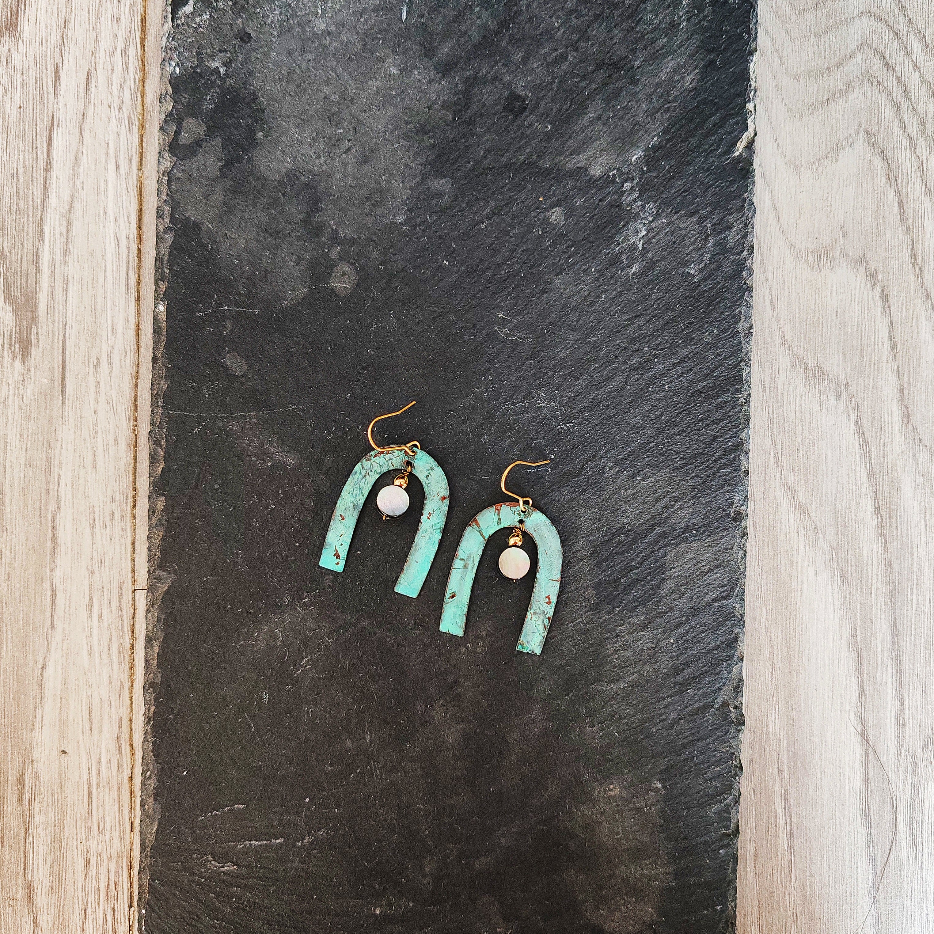 Blue Flame earrings collection, with shell, moon gate