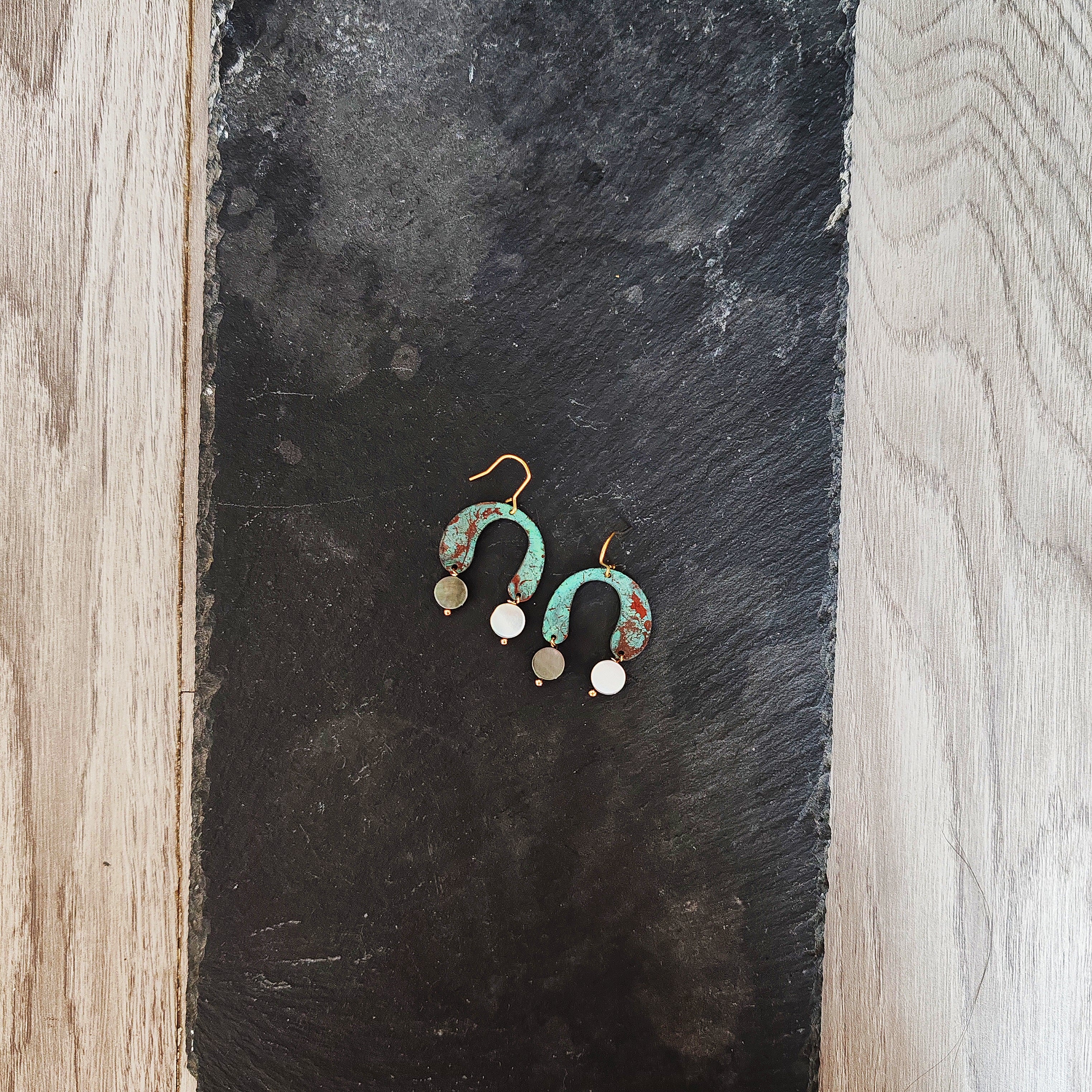 blue flame earrings collection, with shell, two drops of moon