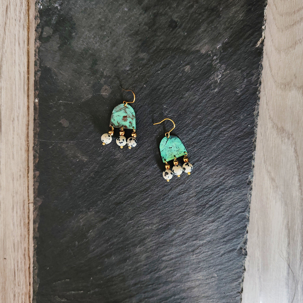 Blue Flame collection earrings, tussel shape with natural stones