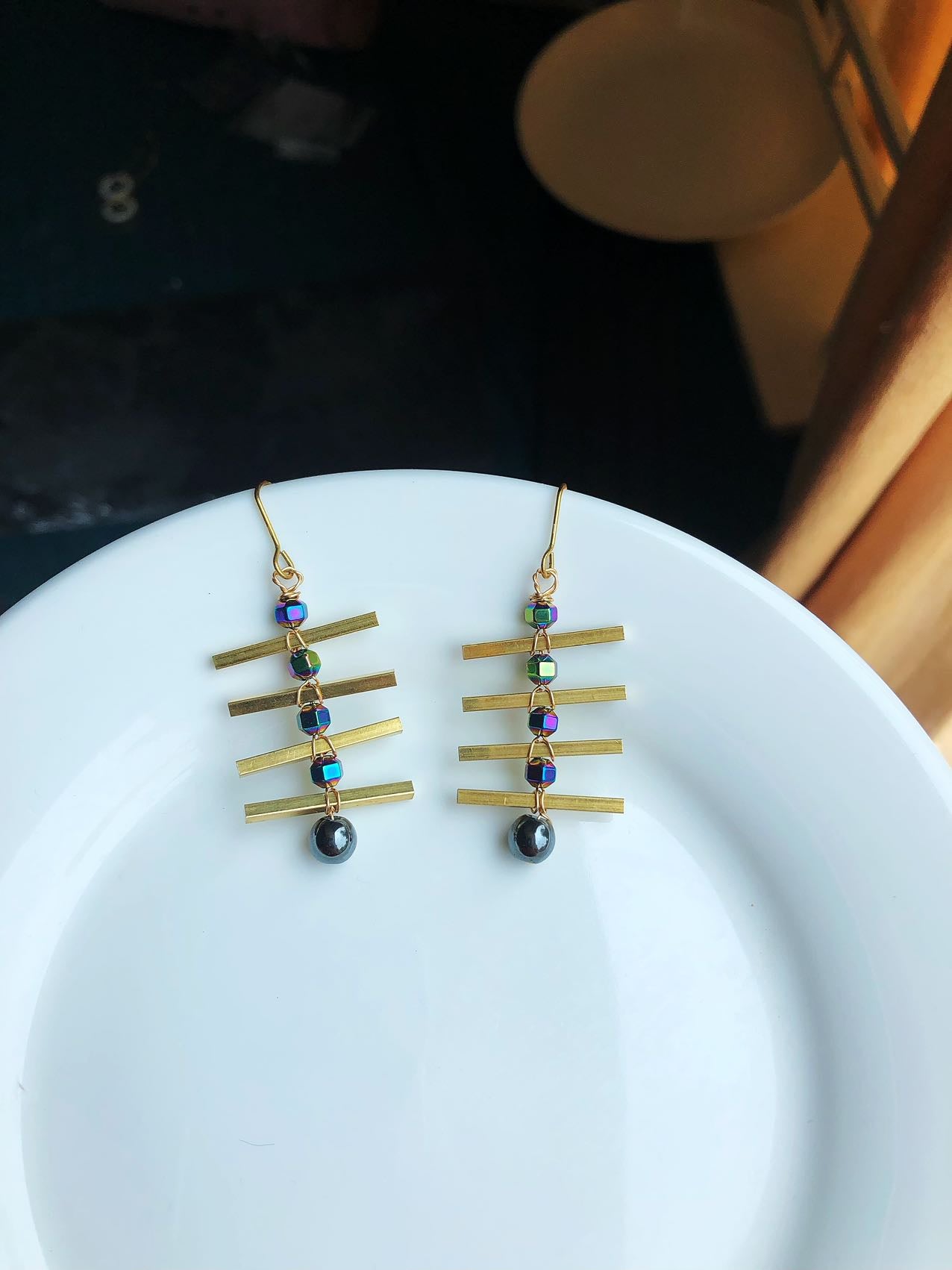 brass and helmitite earrings